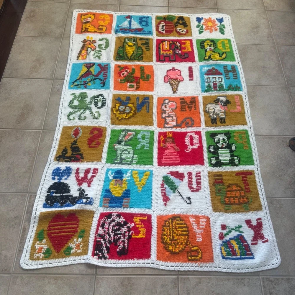 Vintage Handmade Crochet Alphabet ABC Animals Nursery Throw Blanket 41x60